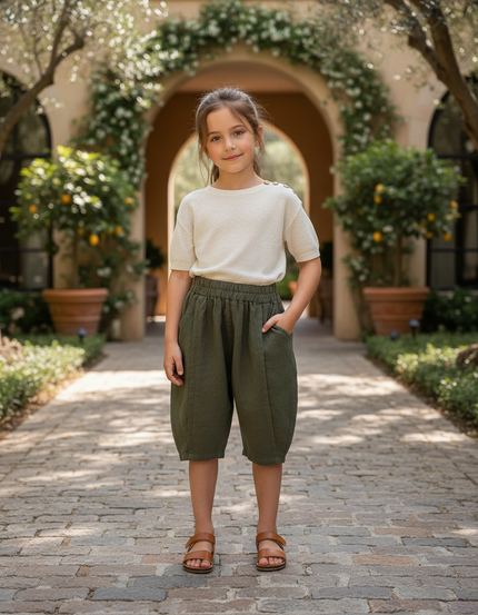 Pantalon En Lin Vert Ample Court Enfant