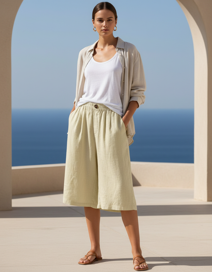 Pantalon En Lin Vert Ample Court Décontracté Femme