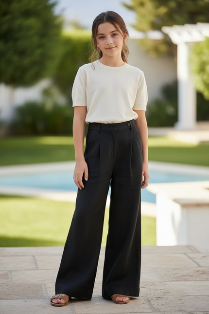 Pantalon En Lin Noir Ample Plissé Décontracté Élégant