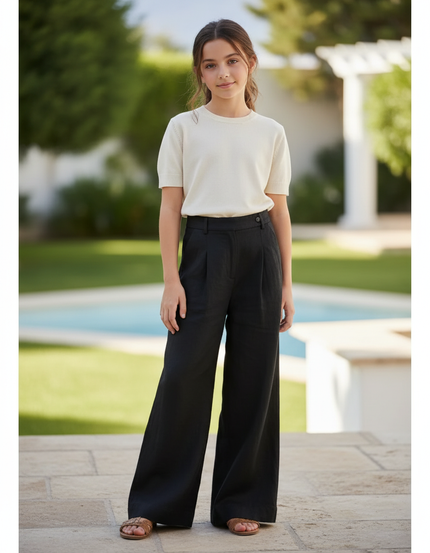 Pantalon En Lin Noir Ample Plissé Décontracté Élégant