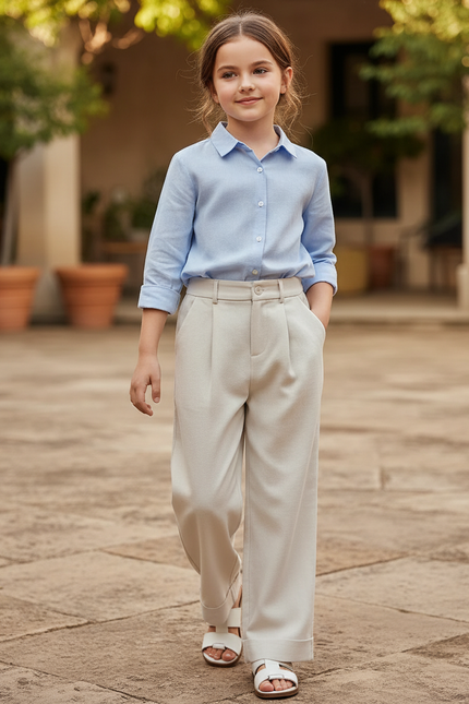 Pantalon En Lin Beige Ample Plissé Enfant Décontracté