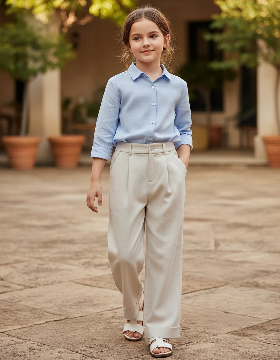 Pantalon En Lin Beige Ample Plissé Enfant Décontracté