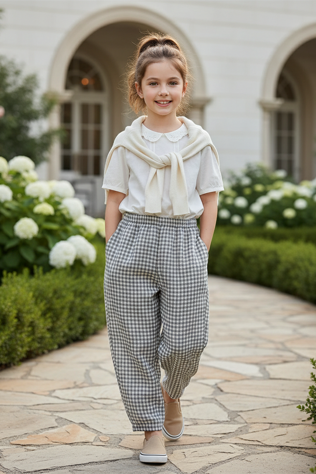 Pantalon En Lin Carreaux Vichy Ample Enfant - Gris