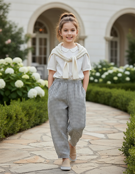 Pantalon En Lin Carreaux Vichy Ample Enfant - Gris