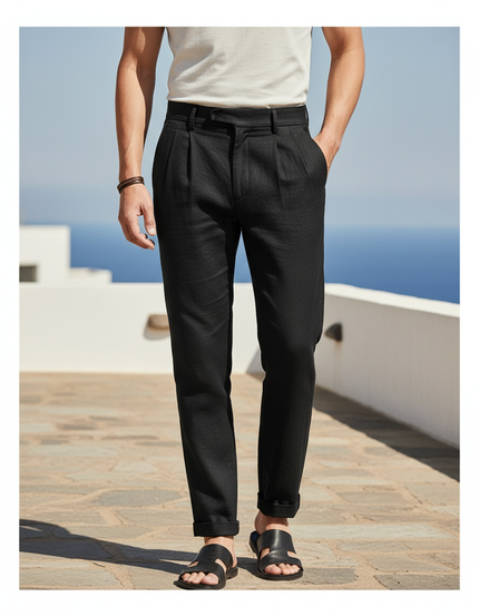 Pantalon En Lin Noir Plissé Décontracté Homme Élégant