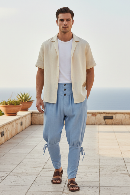 Pantalon En Lin Homme Bleu Ciel Ajusté Lacets Pirate