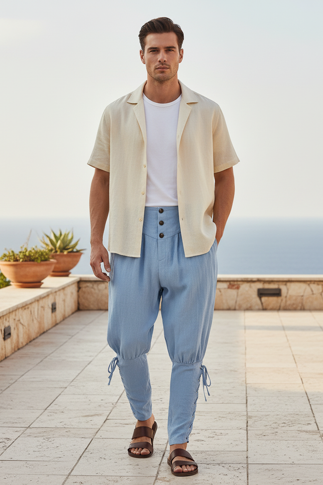 Pantalon En Lin Homme Bleu Ciel Ajusté Lacets Pirate