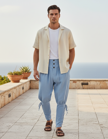 Pantalon En Lin Homme Bleu Ciel Ajusté Lacets Pirate
