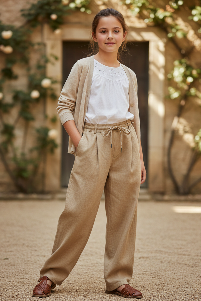 Pantalon En Lin Beige Ample Plissé Cordon Enfant