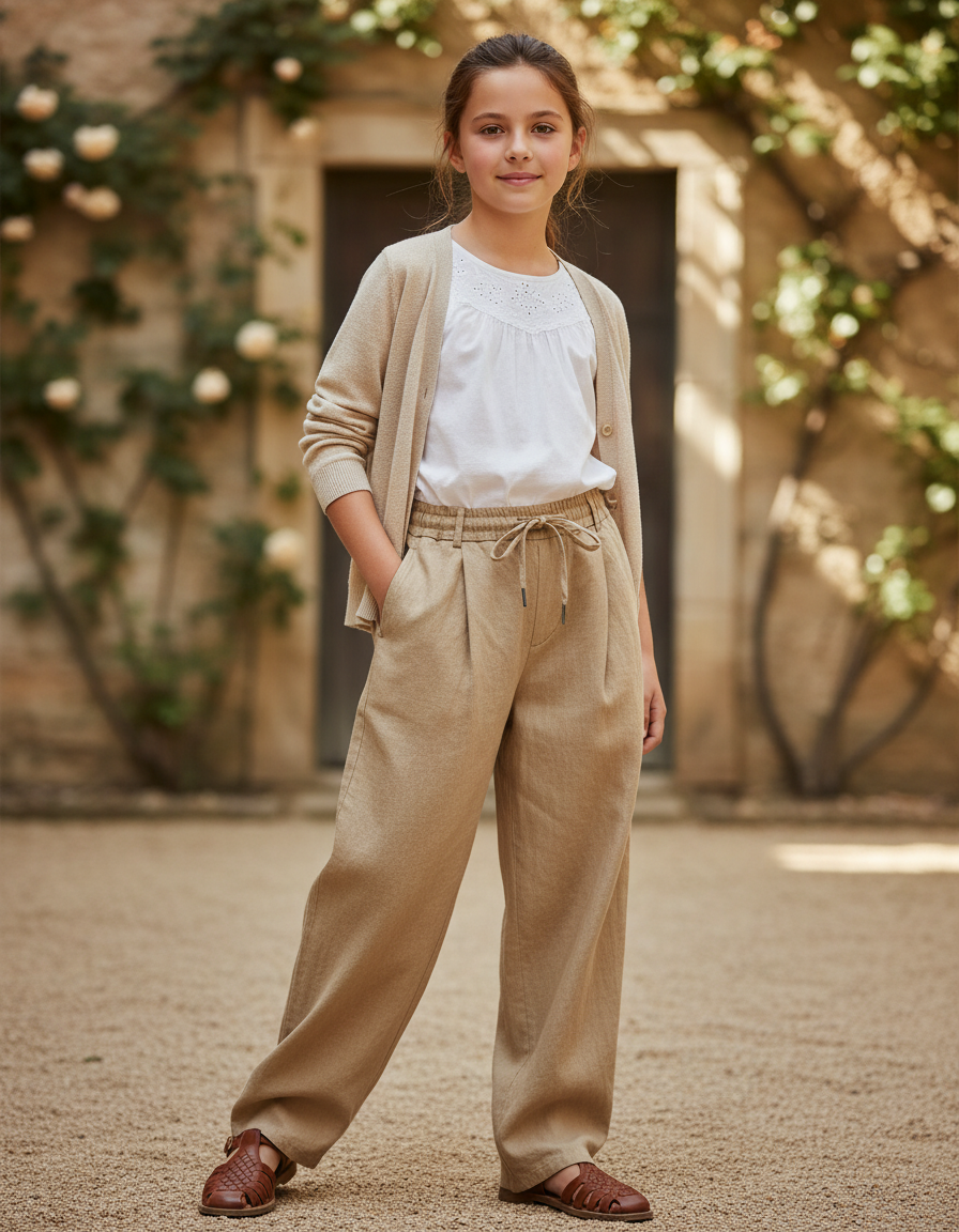 Pantalon En Lin Beige Ample Plissé Cordon Enfant