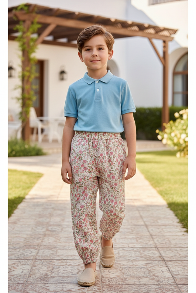 Pantalon En Lin Floral Rose Ample Enfant