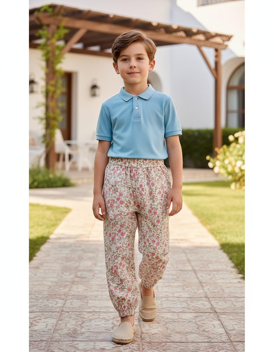 Pantalon En Lin Floral Rose Ample Enfant