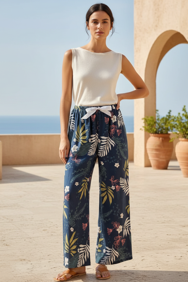 Pantalon En Lin Fleuri Ample Fluide Estival Bleu Marine