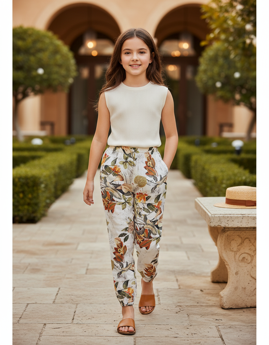 Pantalon En Lin Fleuri Ample Décontracté Estival - Imprimé