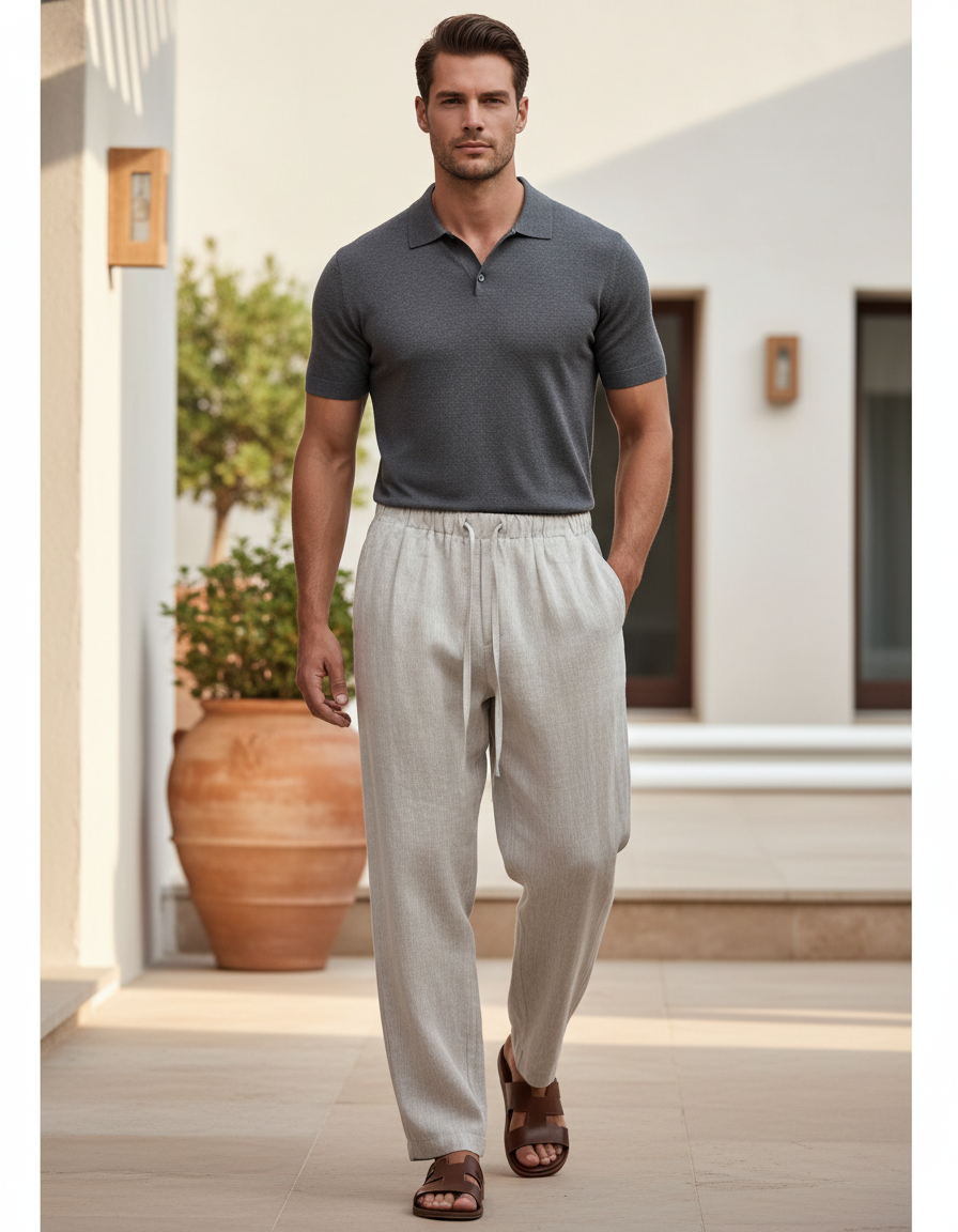 Pantalon En Lin Homme Ample Décontracté Beige Clair