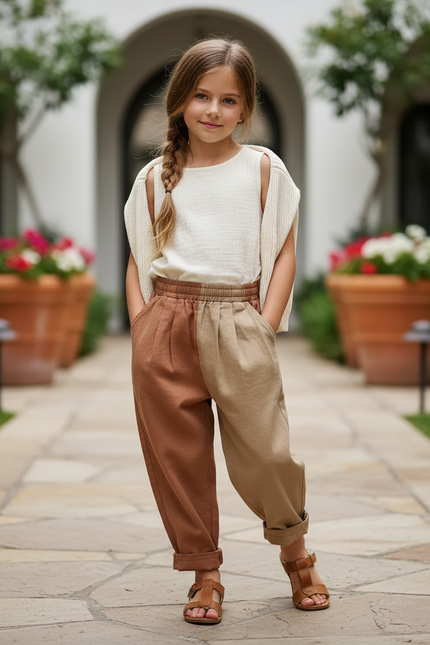 Pantalon En Lin Bicolore Ample Décontracté Enfant - Multicolore