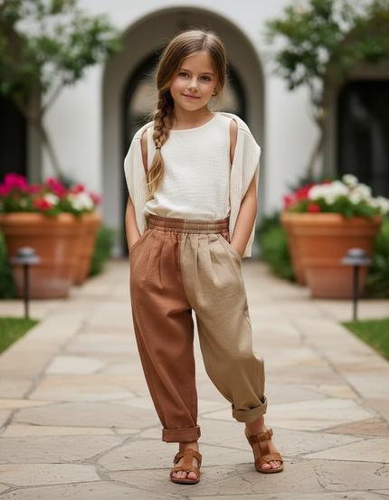 Pantalon En Lin Bicolore Ample Décontracté Enfant - Multicolore