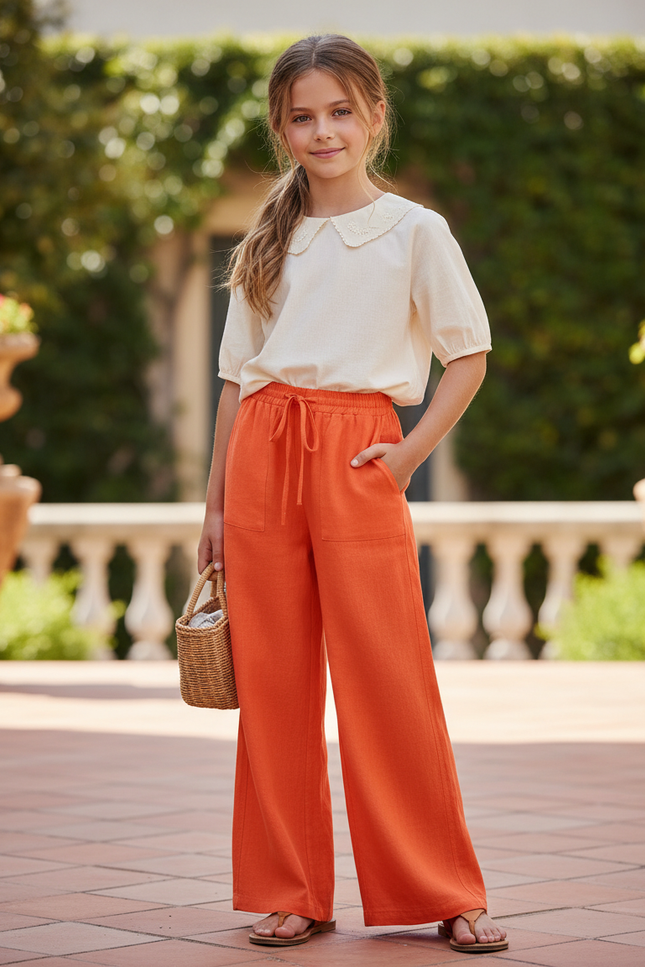Pantalon En Lin Orange Ample Décontracté Fluide Fille