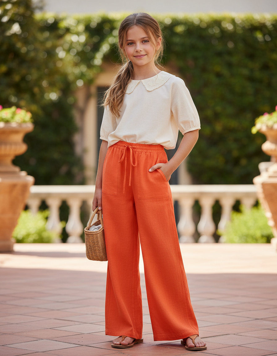 Pantalon En Lin Orange Ample Décontracté Fluide Fille