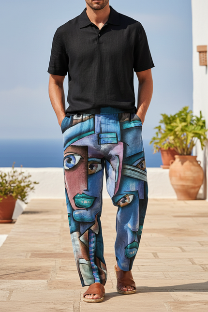 Pantalon En Lin Imprimé Visages Abstraits Ample Décontracté Homme