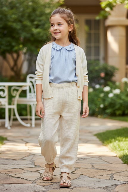 Pantalon En Lin Gaze Ample Crème Enfant - Beige