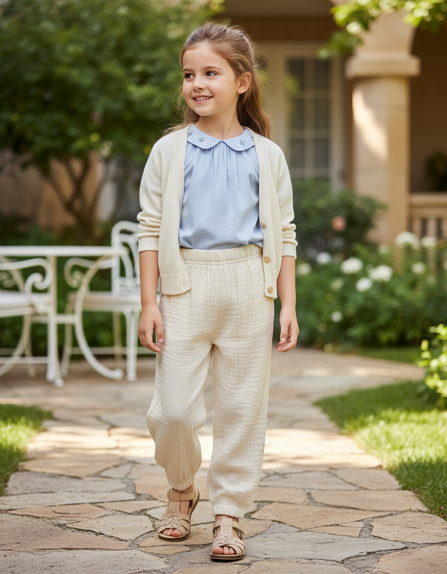 Pantalon En Lin Gaze Ample Crème Enfant - Beige
