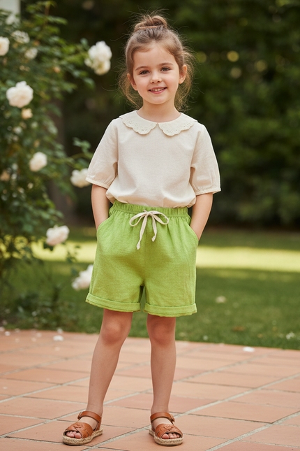 Pantalon En Lin Vert Citron Court Décontracté Fille