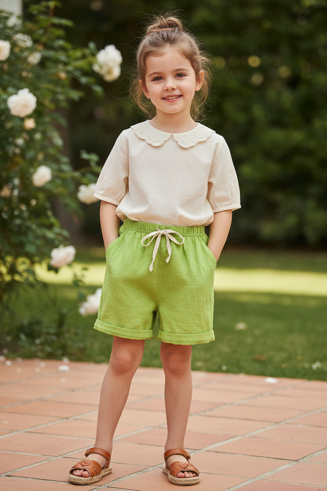 Pantalon En Lin Vert Citron Court Décontracté Fille