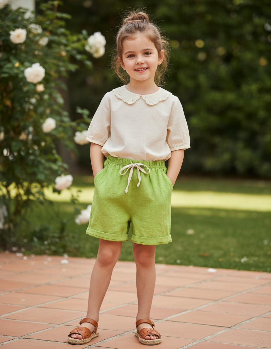 Pantalon En Lin Vert Citron Court Décontracté Fille
