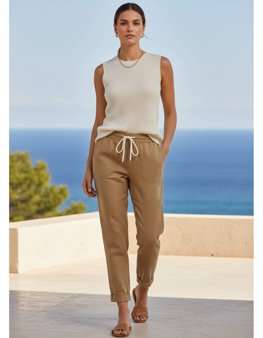Pantalon En Lin Kaki Fuselé Cordon Décontracté Femme