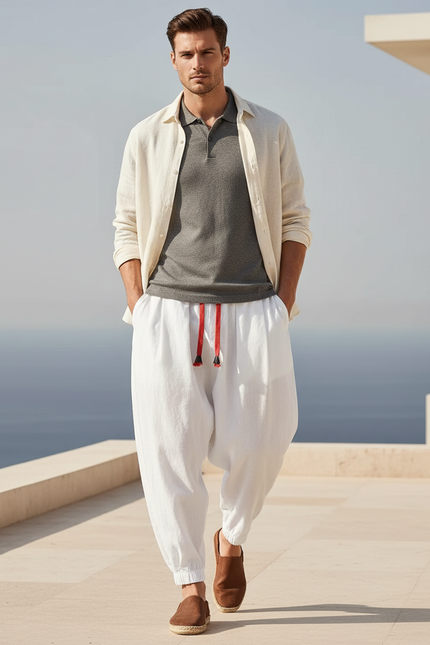 Pantalon En Lin Blanc Harem Ample Cordon Homme