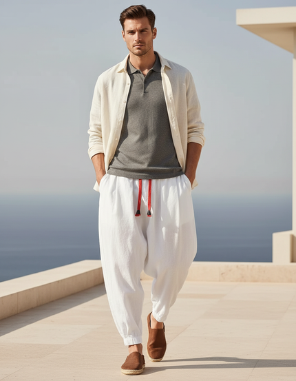 Pantalon En Lin Blanc Harem Ample Cordon Homme