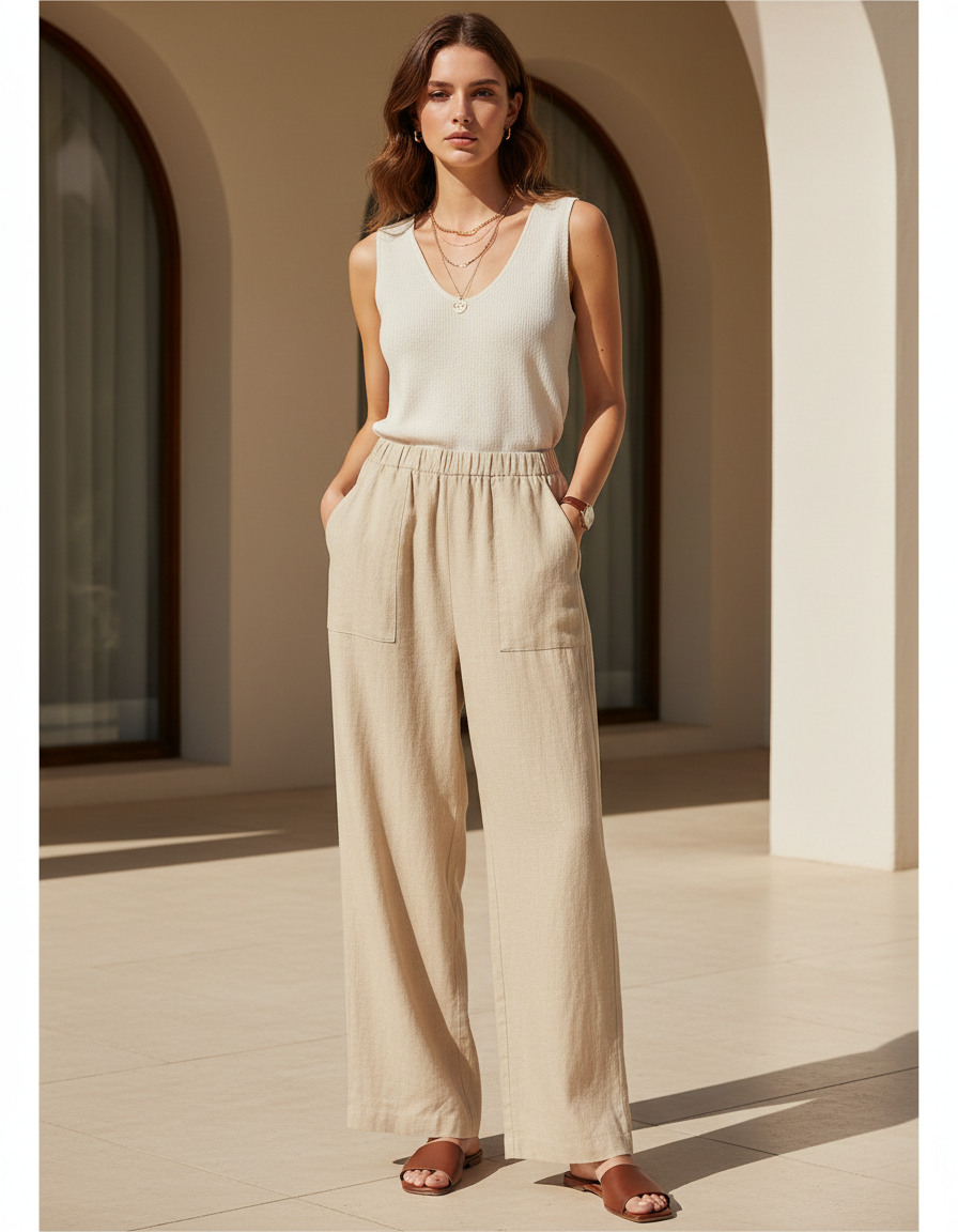 Pantalon En Lin Beige Ample Décontracté Fluide Élastique