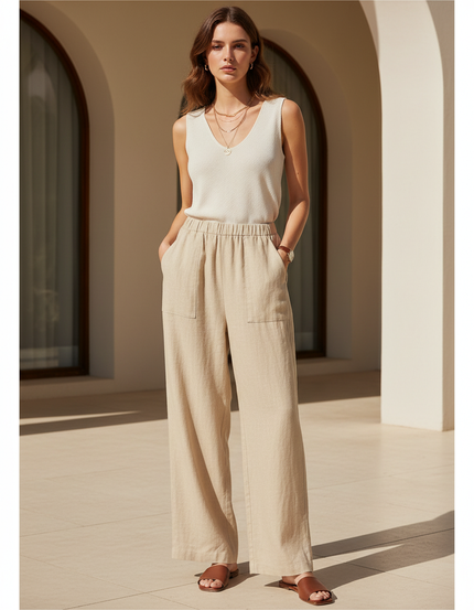 Pantalon En Lin Beige Ample Décontracté Fluide Élastique