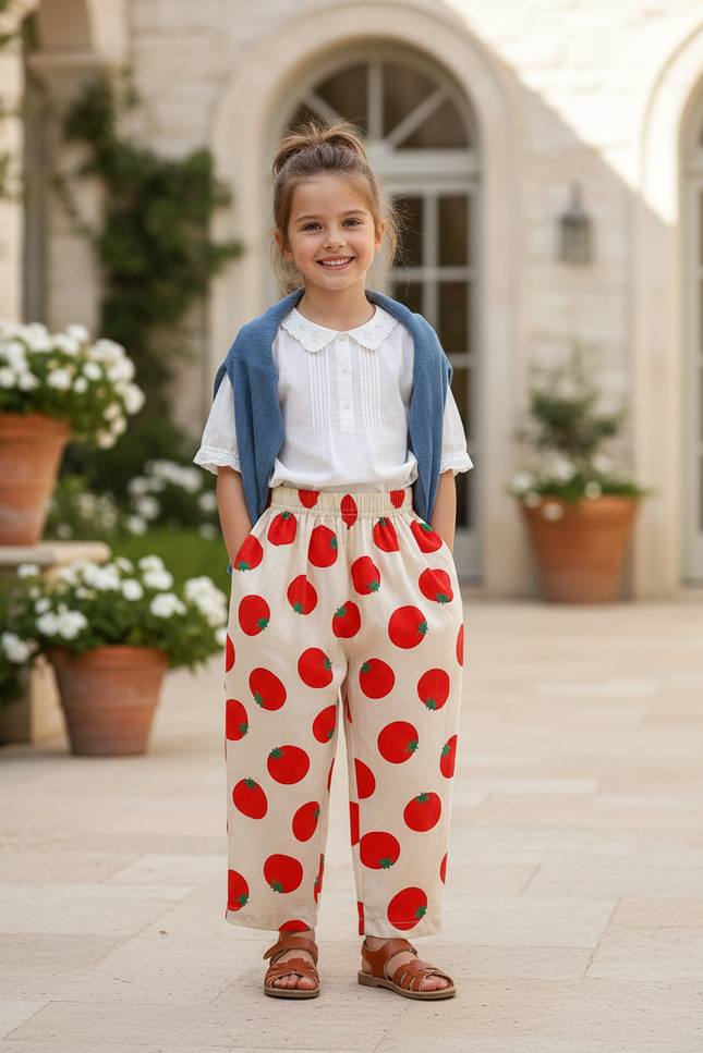 Pantalon En Lin Crème Tomates Ample Enfant - Imprimé