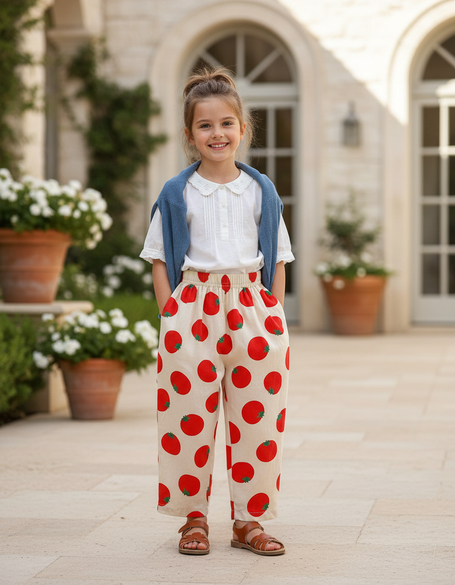 Pantalon En Lin Crème Tomates Ample Enfant - Imprimé