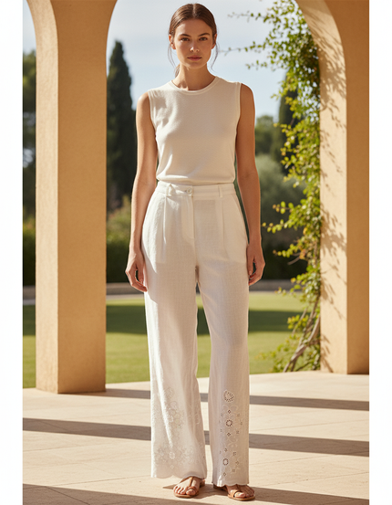 Pantalon En Lin Blanc Brodé Ample Élégant Femme
