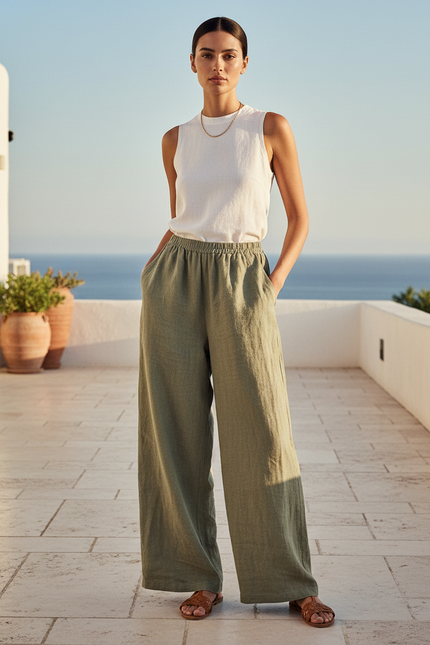Pantalon En Lin Ample Vert Femme Décontracté Fluide - Kaki