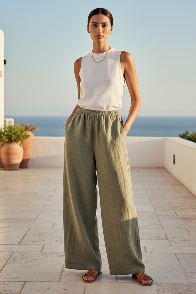 Pantalon En Lin Ample Vert Femme Décontracté Fluide - Kaki