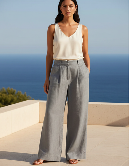 Pantalon En Lin Gris Décontracté Large Fluide Femme