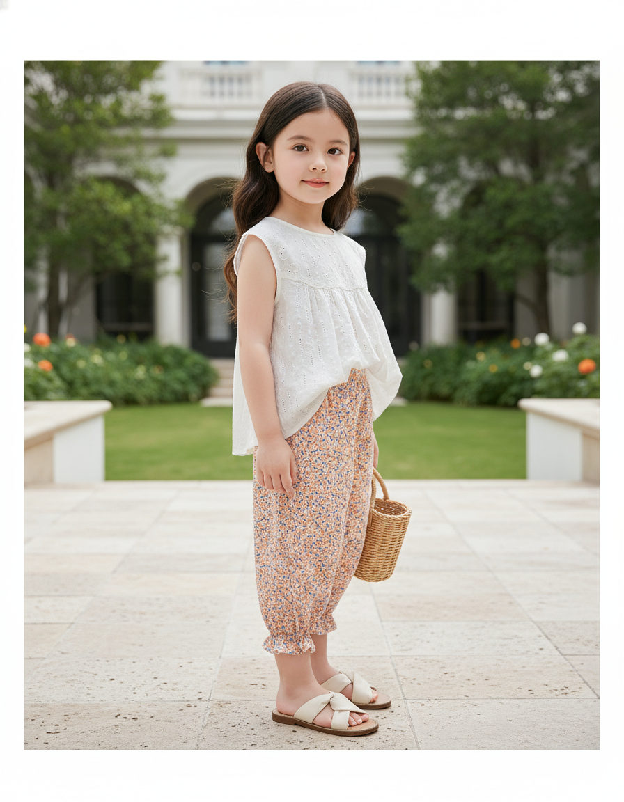 Pantalon En Lin Fleuri Ample Fille Estival - Multicolore