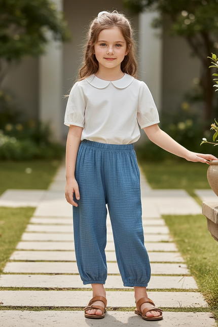 Pantalon En Lin Bleu Ample Décontracté Enfant Léger