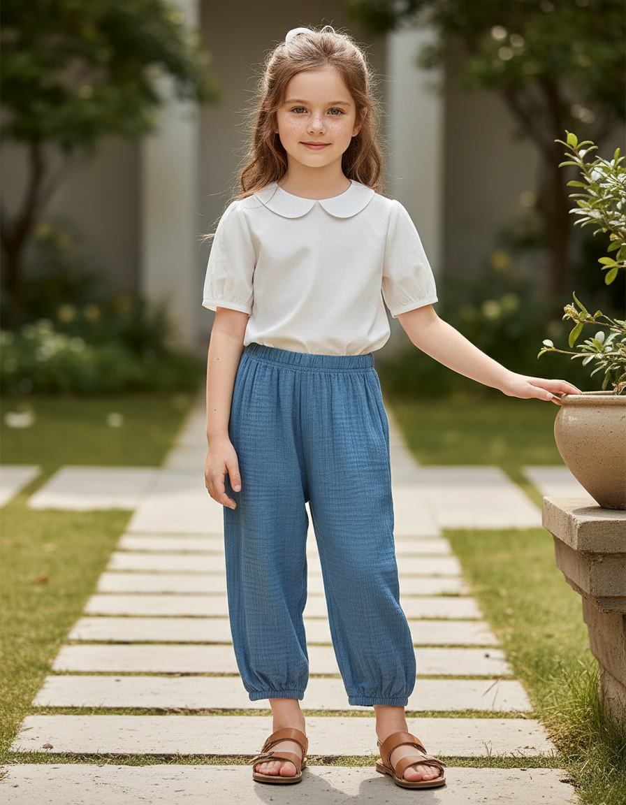 Pantalon En Lin Bleu Ample Décontracté Enfant Léger