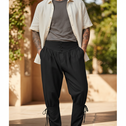 Pantalon En Lin Noir Ample Lacets Médiéval Homme