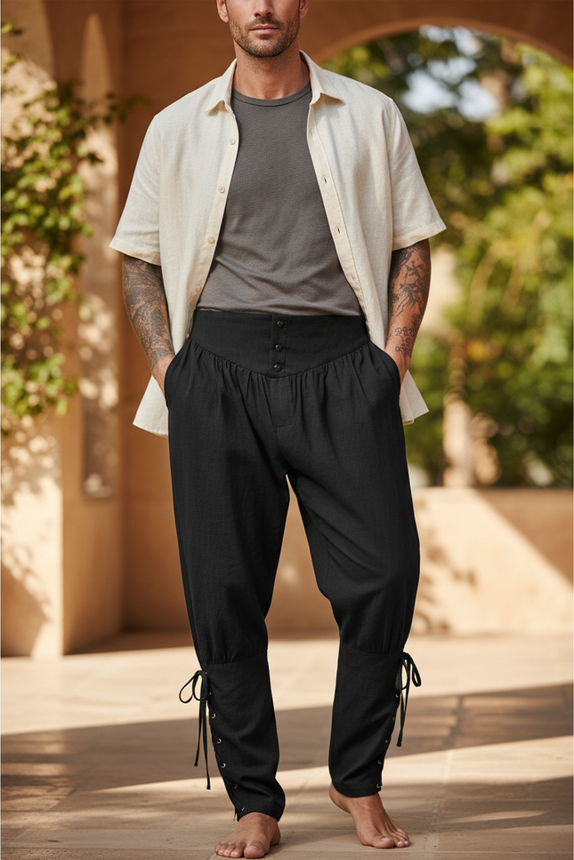 Pantalon En Lin Noir Ample Lacets Médiéval Homme