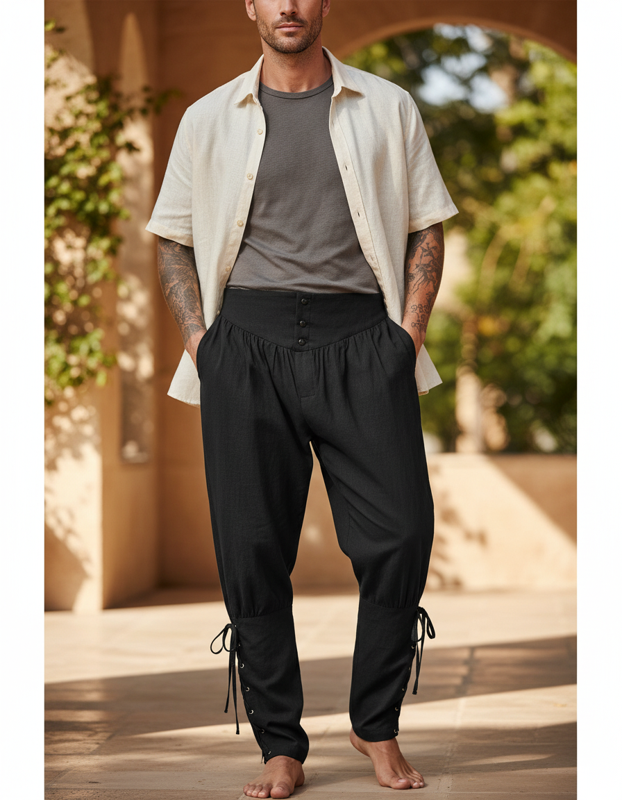 Pantalon En Lin Noir Ample Lacets Médiéval Homme