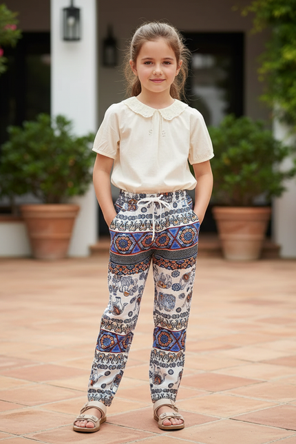 Pantalon En Lin Ethnique Imprimé Éléphants Ample Fille