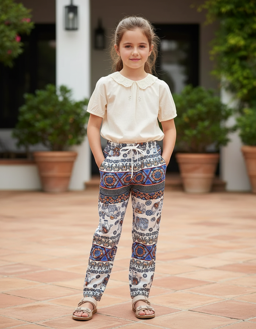 Pantalon En Lin Ethnique Imprimé Éléphants Ample Fille