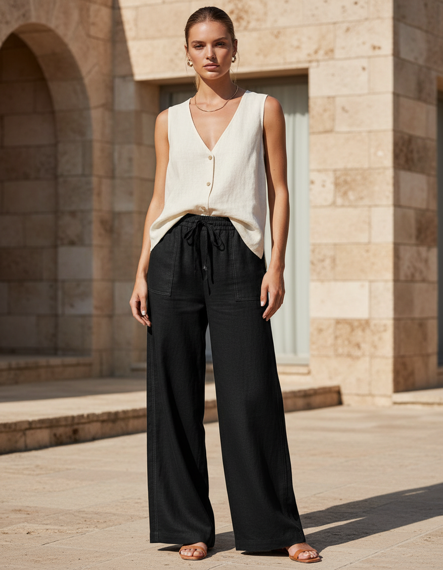 Ensemble Tunique Pantalon Lin Femme - Noir