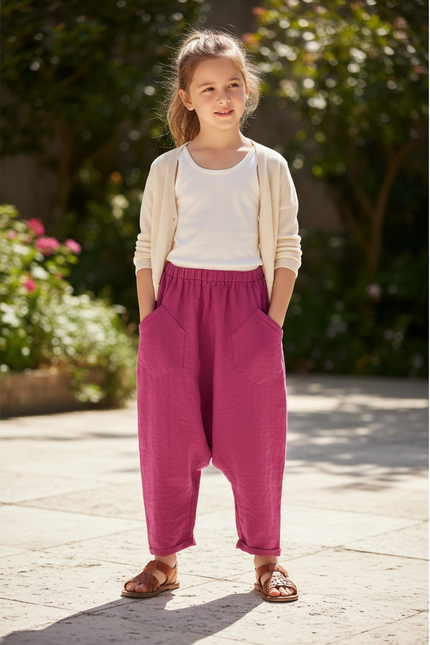 Pantalon En Lin Fuchsia Ample Confortable Fille - Rose